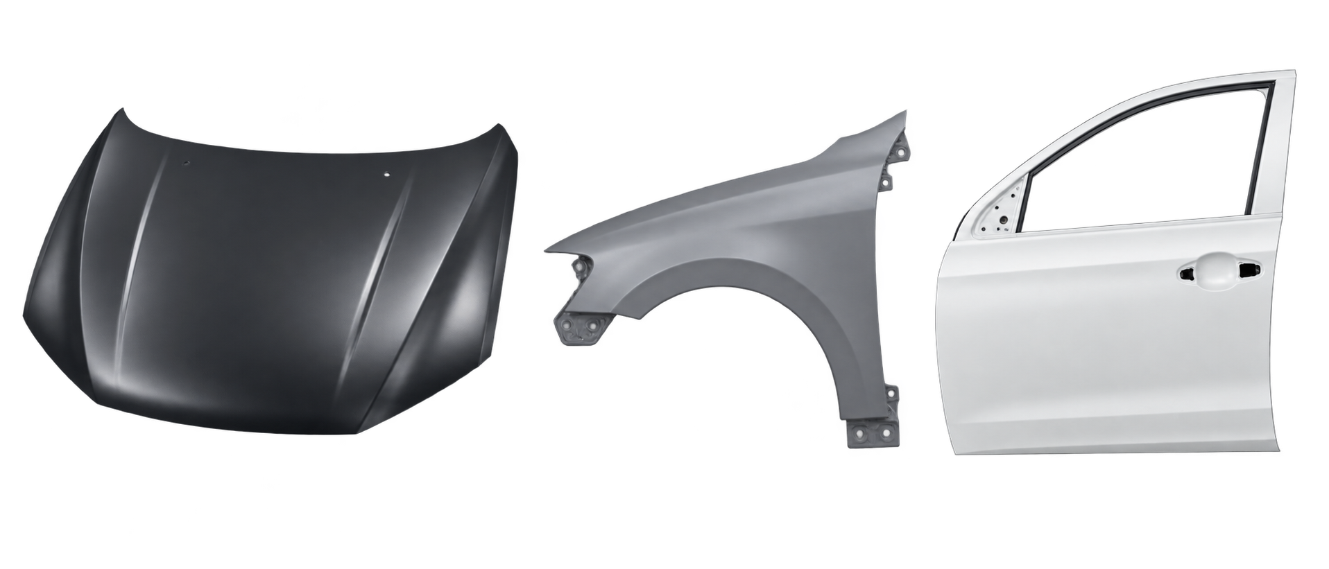 Replacement engine hood, front fender and front door body panels