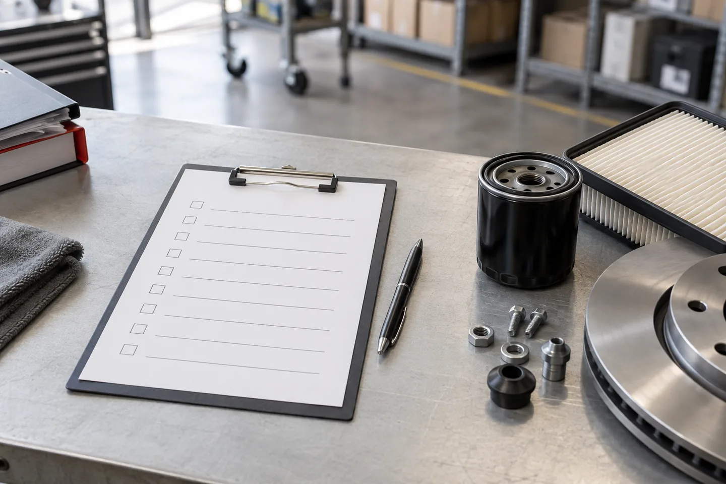 Blank parts checklist beside automotive components