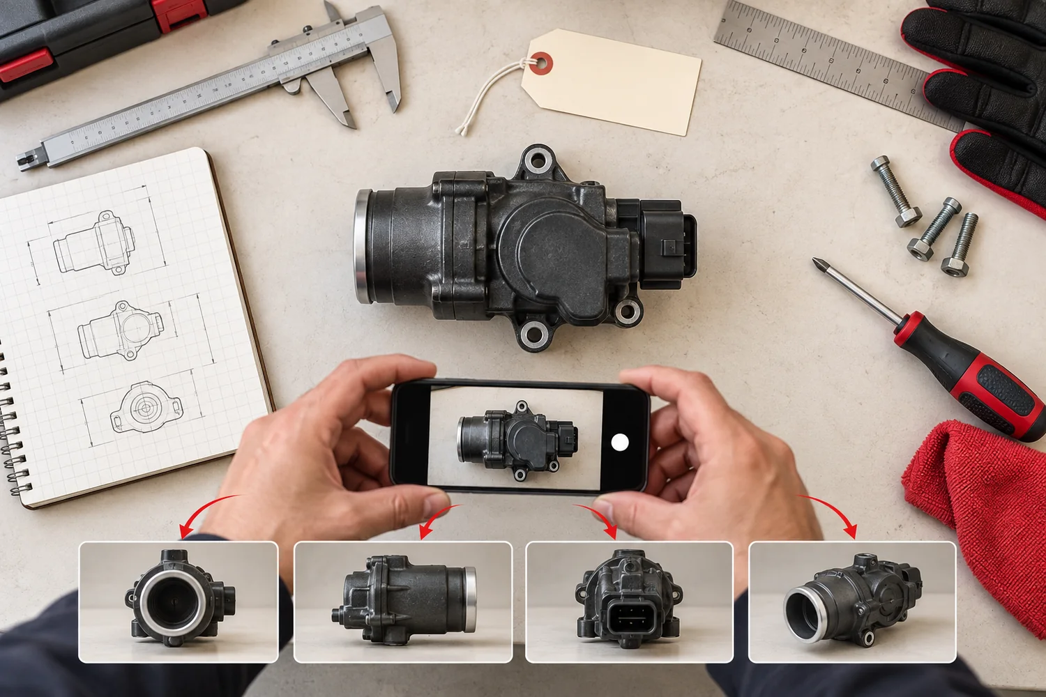 Automotive component photographed from several angles with measuring tools